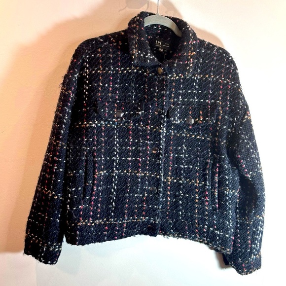ZARA Sz S-M Trf Collection Black Plaid Wool Blend Metallic Snap Front Jacket - Picture 1 of 13